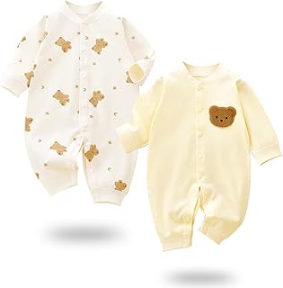 [miniGray] ベビー服 新生児服 2枚セット 綿100% 長袖カバーオール 前開きタイプ 新生児 男の子 女の子 かわいい 赤ちゃん服 ロンパース 出産祝い プレゼント こぐま柄 こひつじ柄 なし柄 リーフ柄 0-24ヶ月